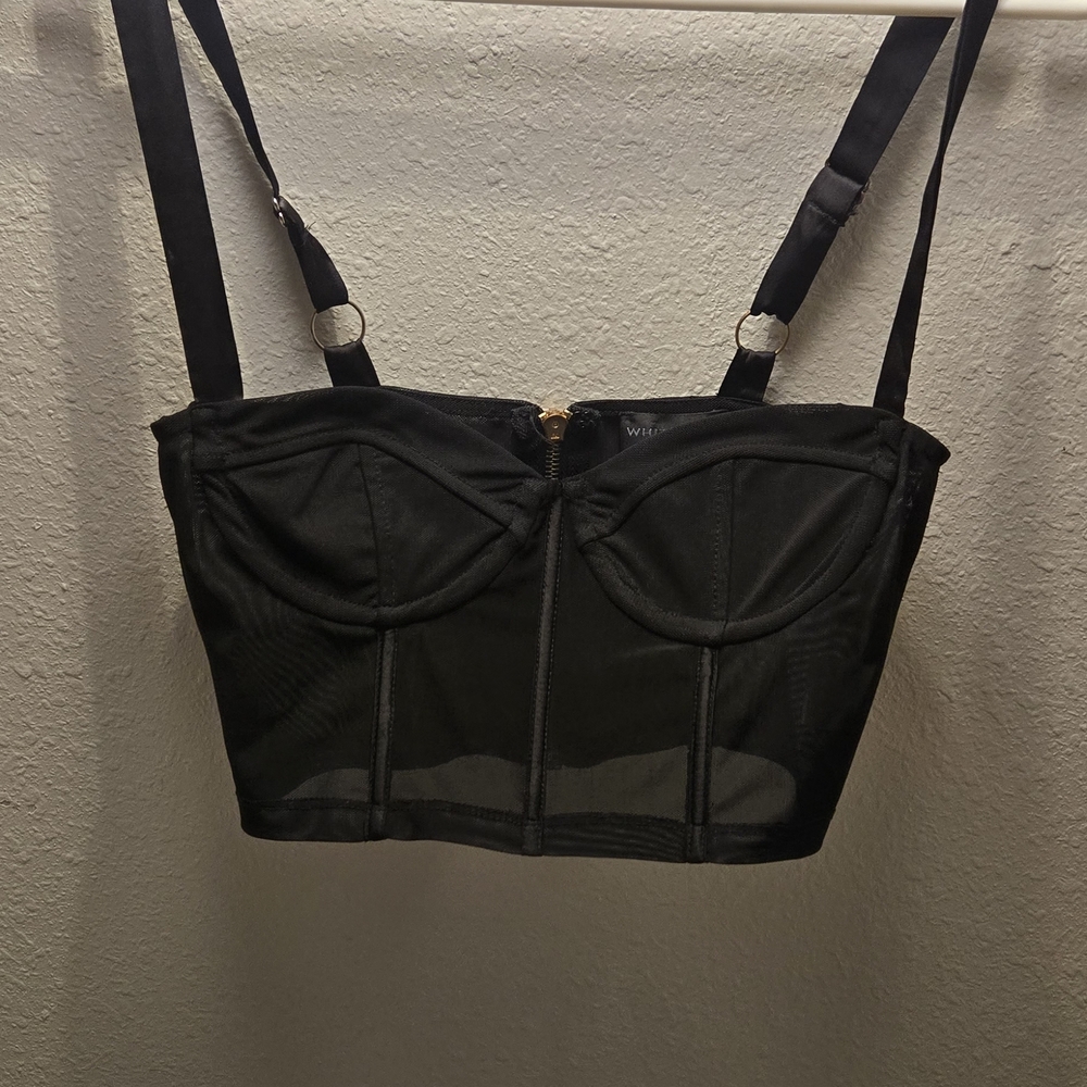 White Fox Black Mesh Bustier Crop Top – Adjustable silk Straps small.